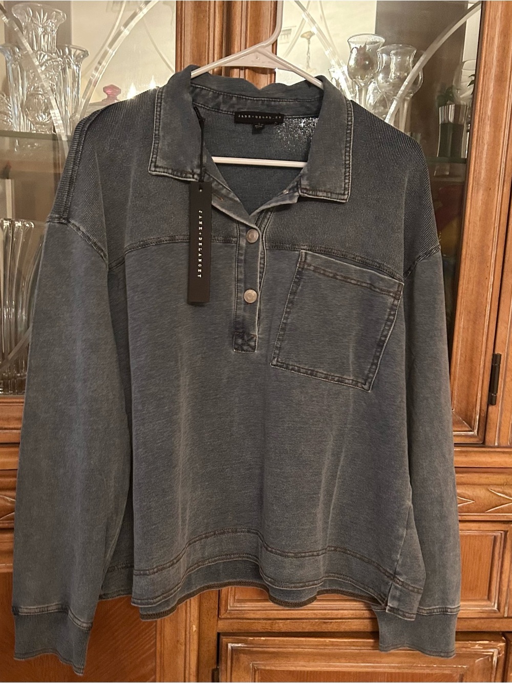 Jane and Delancey Washed Gray Long-Sleeve Polo Top